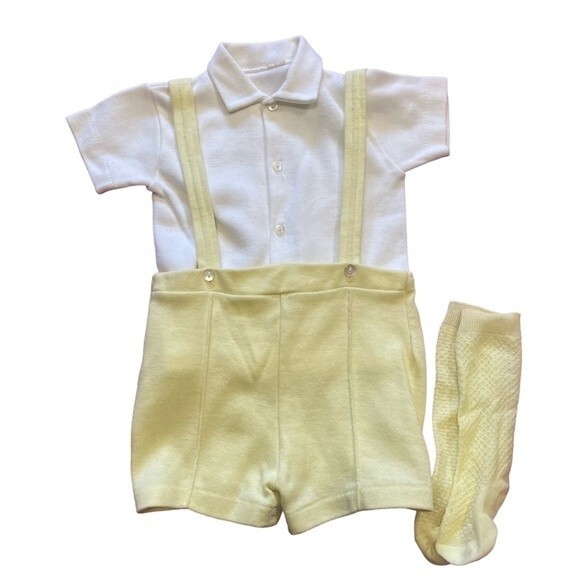 Vintage Heir Craft Yellow Baby Toddler Boy Outfit Shirt Overalls Jacket Socks - Picture 5 of 8